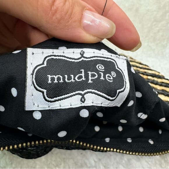 MudPie Clutch Flower Handbag Natural Woven Wheat Straw black Gold Accent Stripes - Picture 13 of 16